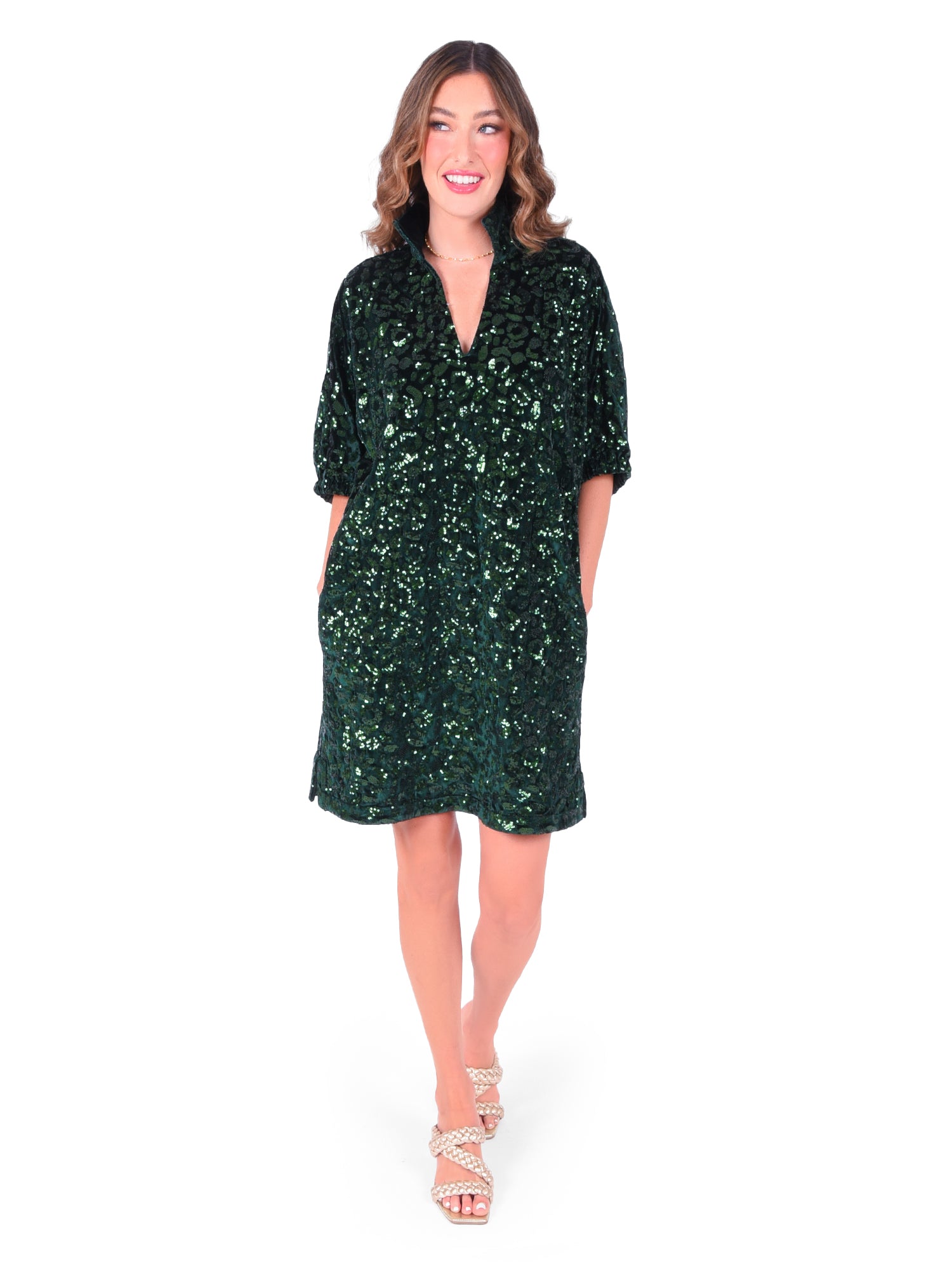 Poppy Dress - Green Sequin Cheetah