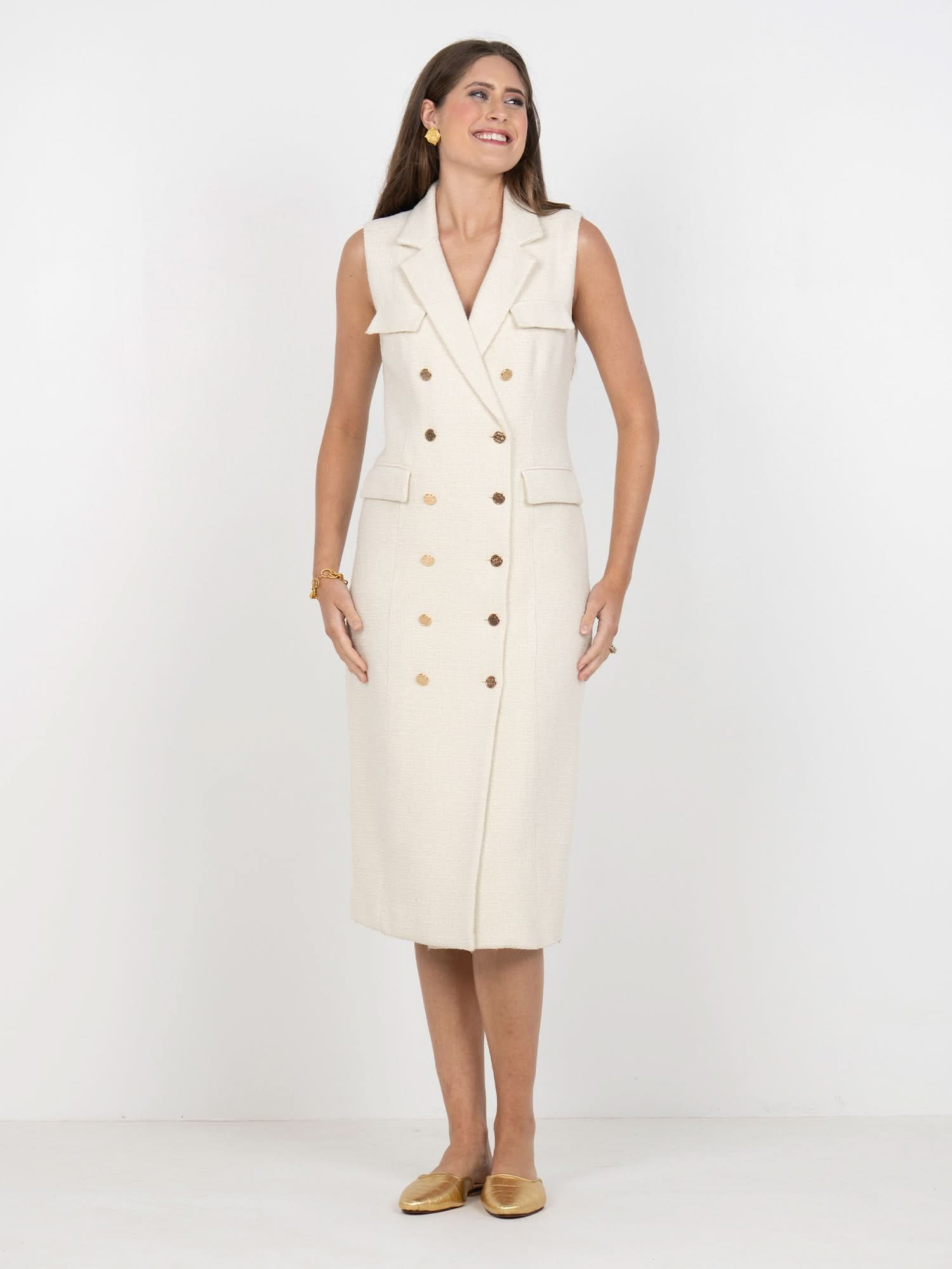 slim fit dress slacks Ivory Plaid Tweed Gold Button-Down Short Sleeve Mini Dress – Dazey Hill