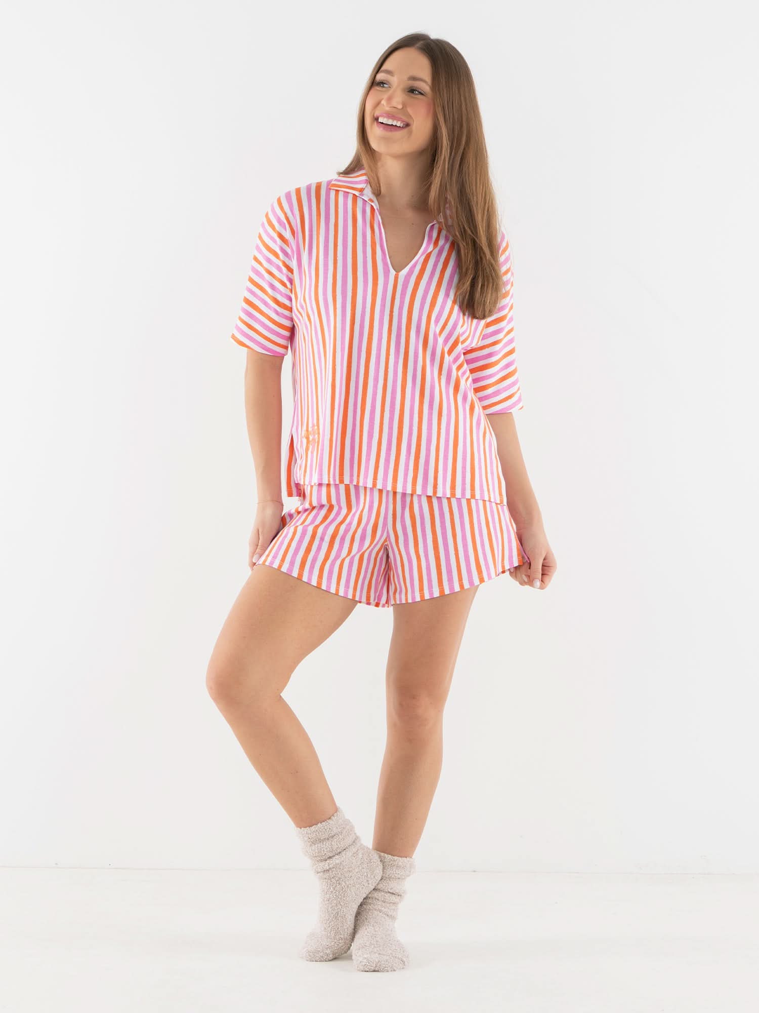 Pajama Short Set in Coral Pink Stripe – Emily McCarthy
