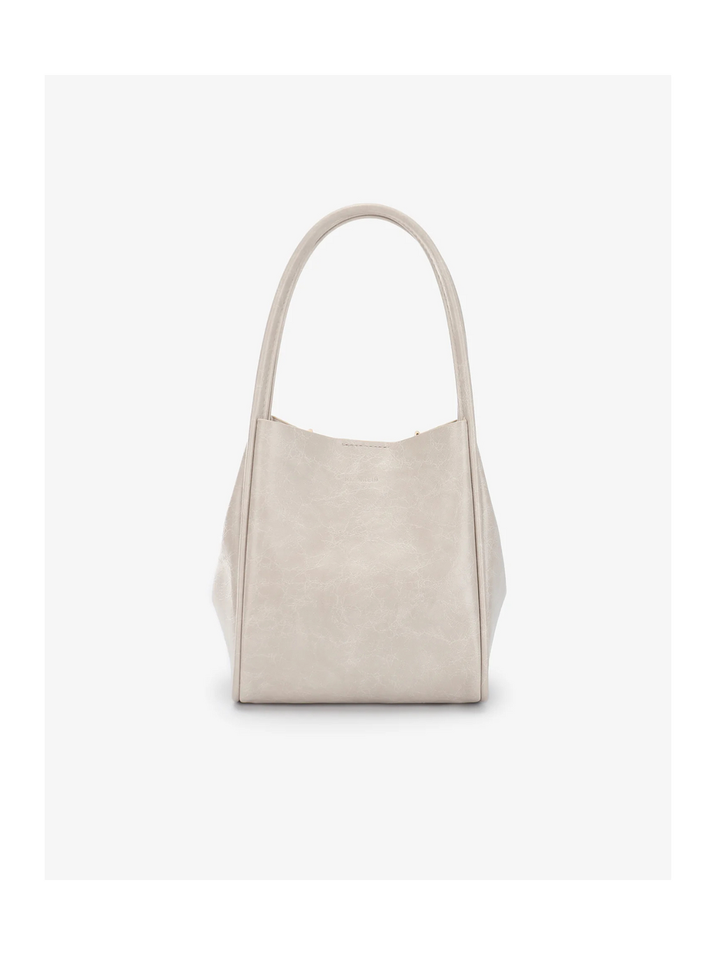 A minimalist, light beige handbag with a smooth texture, structured shape, and two rounded handles, displayed against a plain white background.