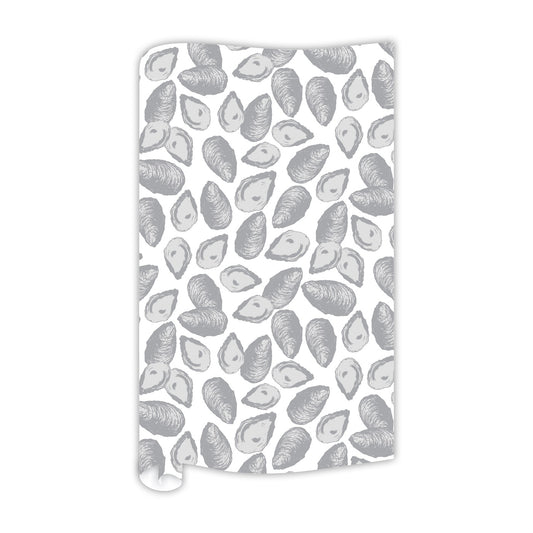 The Gift Wrap - Oyster is a continuous paper roll featuring a captivating design of black and gray illustrated oyster shells against a pristine white background, measuring 30 inches by 8 feet.