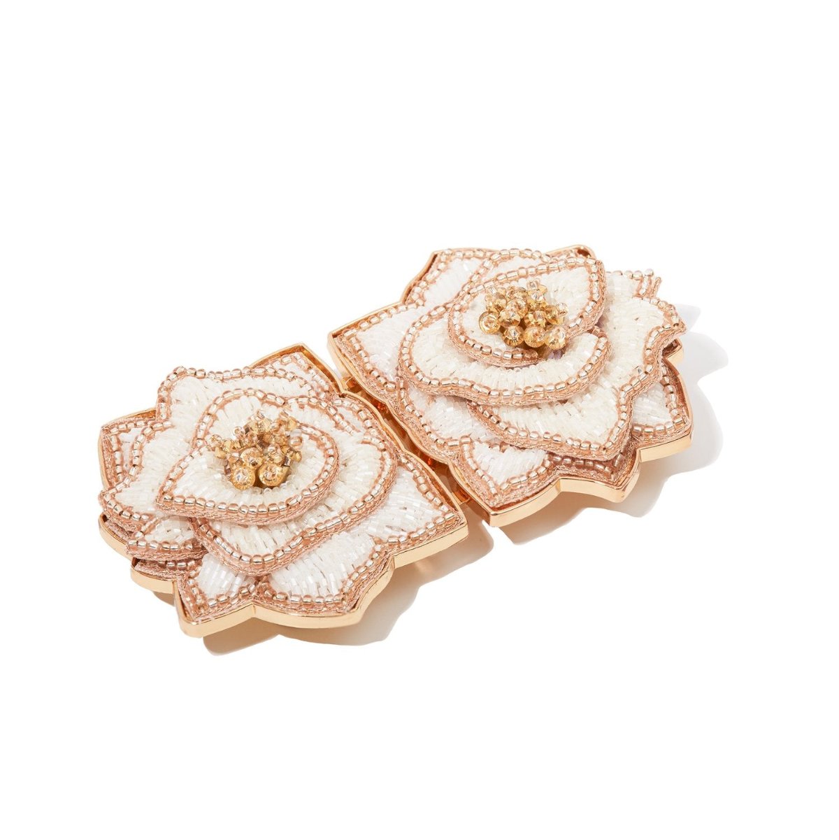 These intricately designed earrings, resembling flowers, make a bold statement with their pearl and gold details. The petals glimmer with layered beads, while a cluster of gold beads forms the center of each flower, making them a standout accessory for any occasion. Product Name: Full Shade Belt.