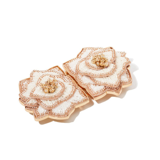 These intricately designed earrings, resembling flowers, make a bold statement with their pearl and gold details. The petals glimmer with layered beads, while a cluster of gold beads forms the center of each flower, making them a standout accessory for any occasion. Product Name: Full Shade Belt.