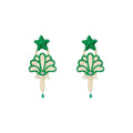 The Egeon Clip On Earrings by Mercedes Salazar showcase vibrant green star-shaped tops and decorative green and cream fan-like patterns below, accented with small beads.