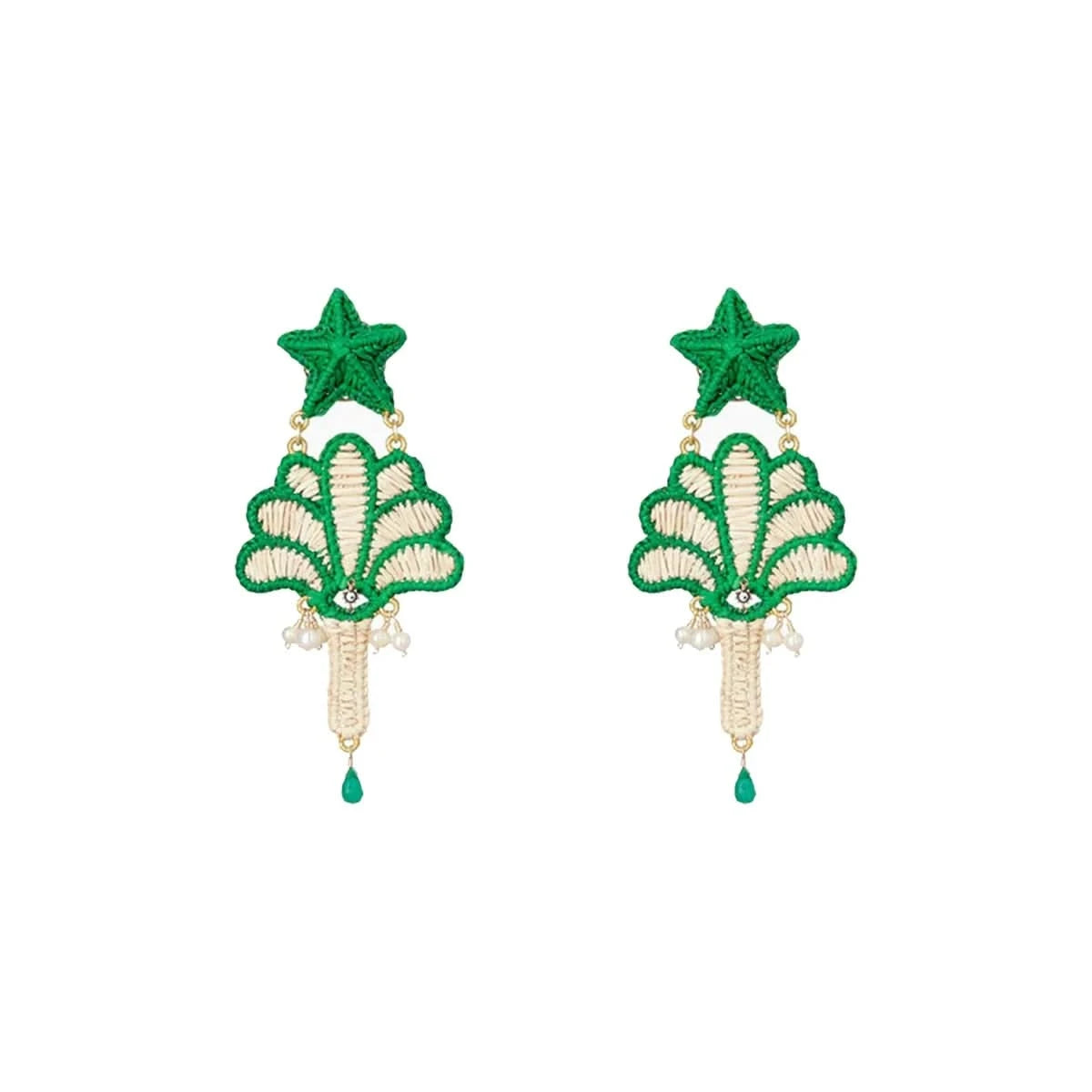 The Egeon Clip On Earrings by Mercedes Salazar showcase vibrant green star-shaped tops and decorative green and cream fan-like patterns below, accented with small beads.