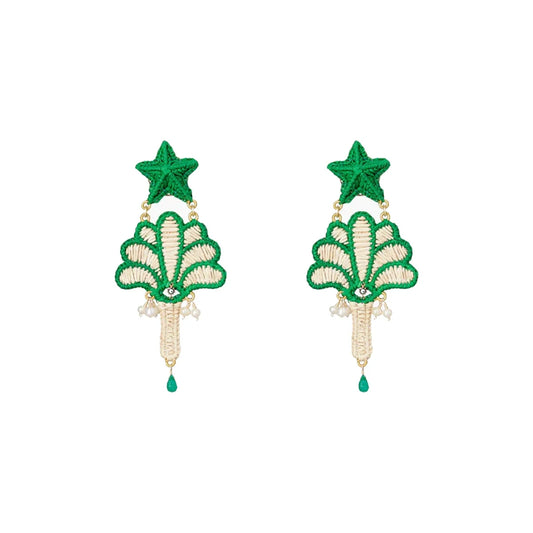 The Egeon Clip On Earrings by Mercedes Salazar showcase vibrant green star-shaped tops and decorative green and cream fan-like patterns below, accented with small beads.