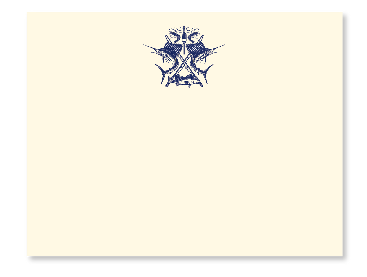 The Angler Crest flat note stationery features a sophisticated design with a blue, intricate symmetrical graphic of two fish on an off-white background, complemented by curved lines and abstract patterns. These elegant 4.25" x 5.5" note cards are ideal for thoughtful messages and come with matching envelopes.