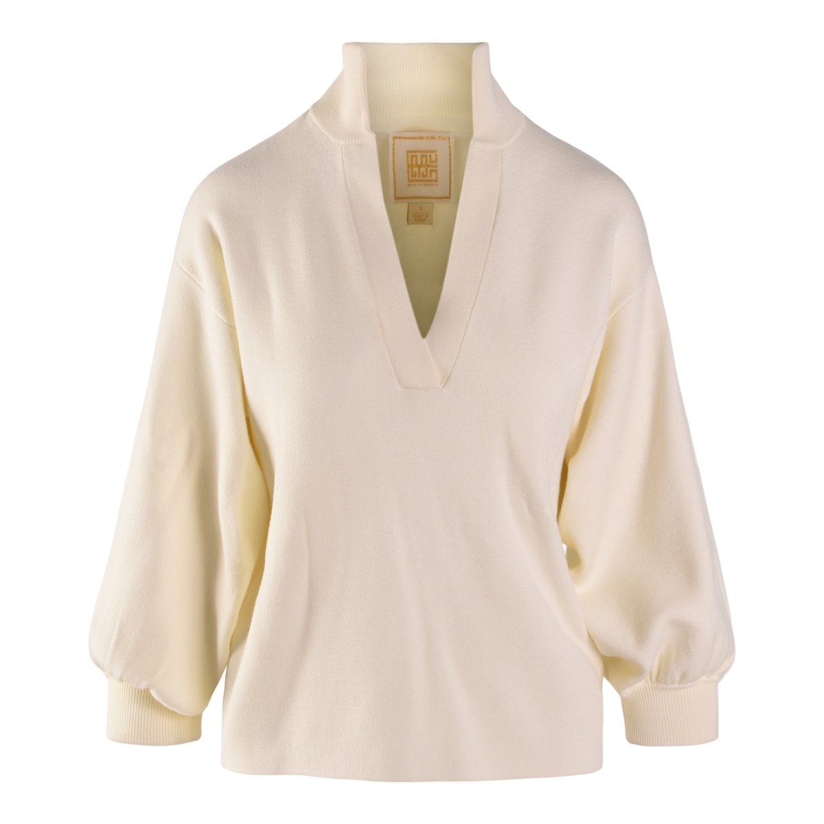 The cream Lolli Sweater features long blouson sleeves, a wide V-neckline, ribbed cuffs, a structured collar, and an inside back neck label for added detail. Its slightly loose fit offers both comfort and style.