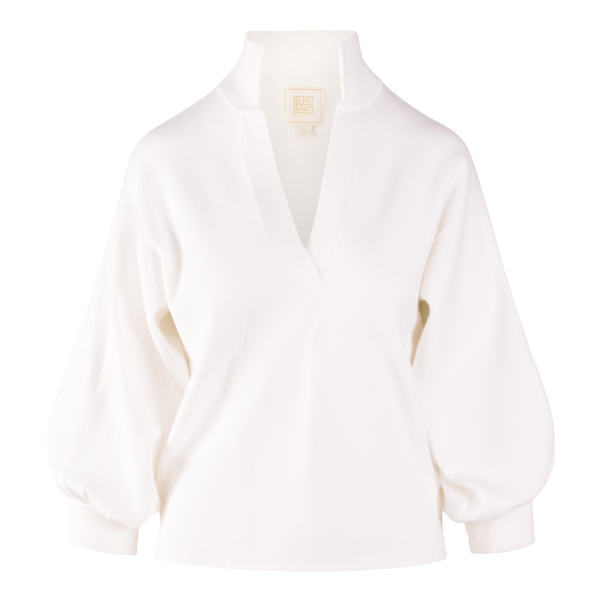 The Lolli Sweater is a sustainable women’s tunic featuring a white long-sleeve design with a deep V-neck, wide cuffs, stand collar, and relaxed fit—effortlessly stylish on a plain background.