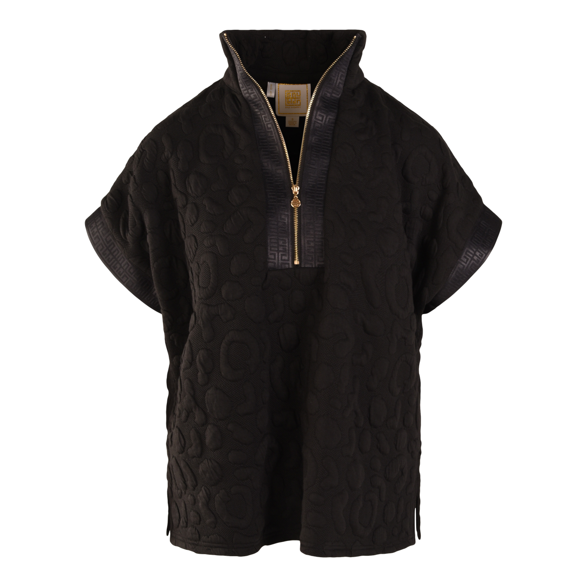 The Poppy Pullover features a sporty look with textured short sleeves, a high collar, gold half-zip front, and cheetah-patterned trim on the cuffs and collar.