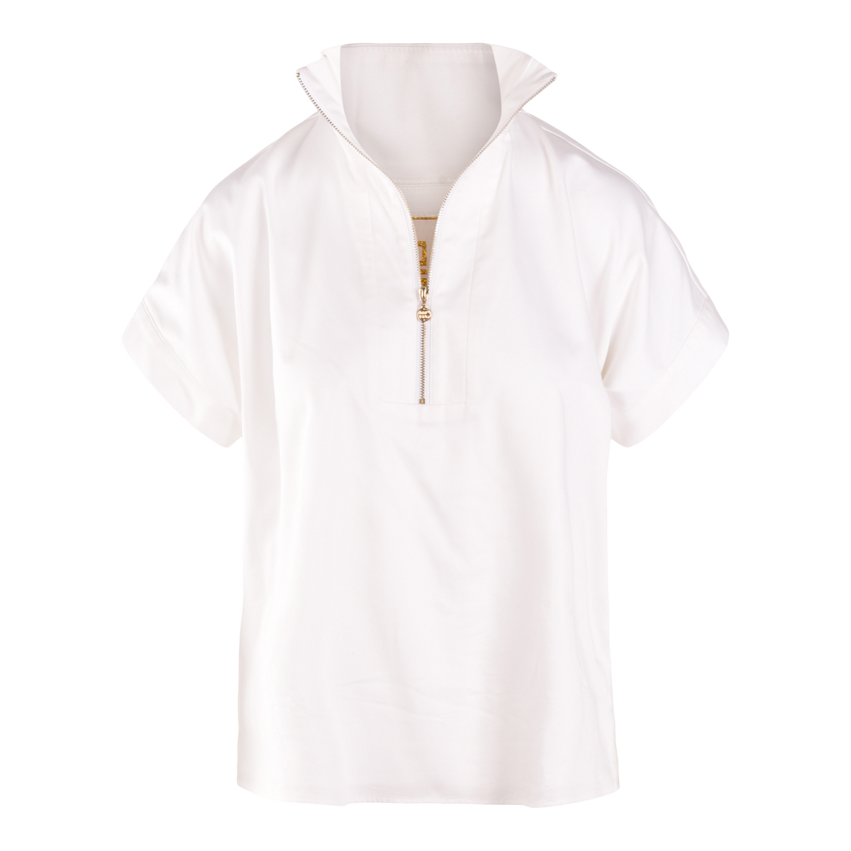 The Poppy Pullover is a short-sleeved white cotton poplin top with a stand-up collar and front half-zipper, shown on a plain white background—a stylish wardrobe essential.