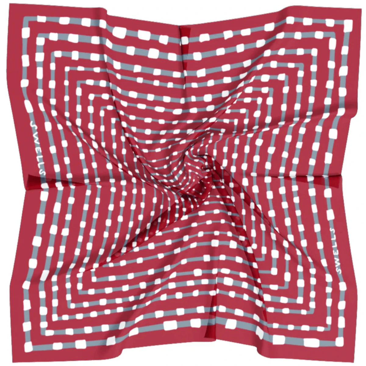 Introducing the Gameday Scarf in Crimson & Grey, meticulously hand-sewn to showcase a geometric pattern of white dots arranged in swirling concentric lines, creating a captivating optical illusion. Its slightly crumpled texture adds character, echoing the vibrant artistic spirit of Montreal.