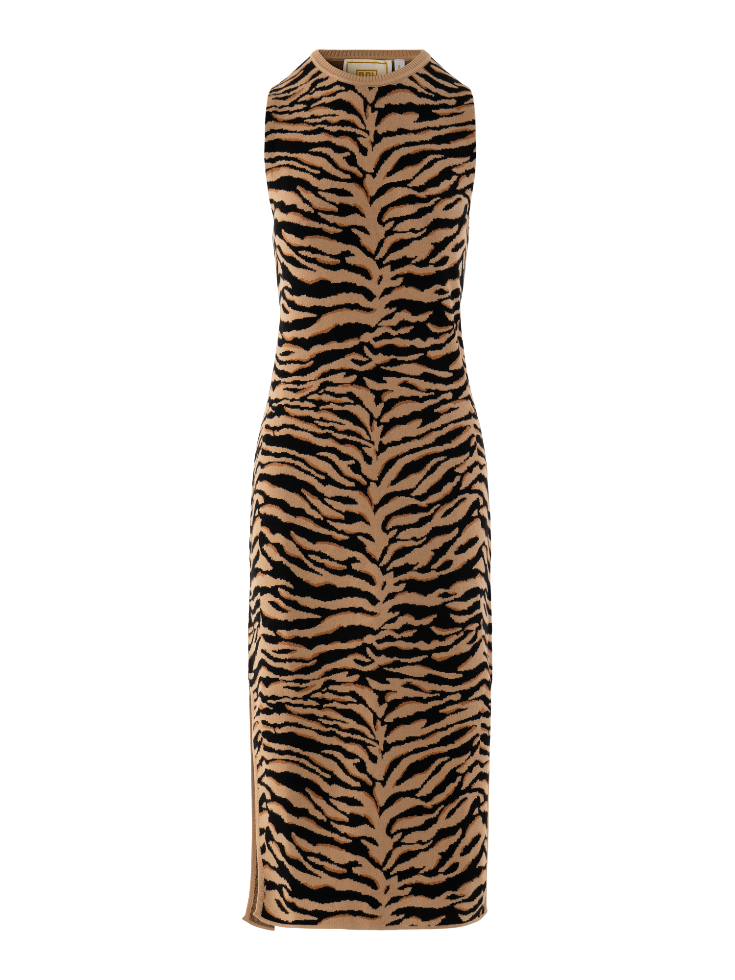 The Simone Sweater Dress is sleeveless and knee-length, featuring a tan and black tiger print in soft viscose knit. It has a high neckline, straight fitted silhouette, and a subtle side slit near the hem.
