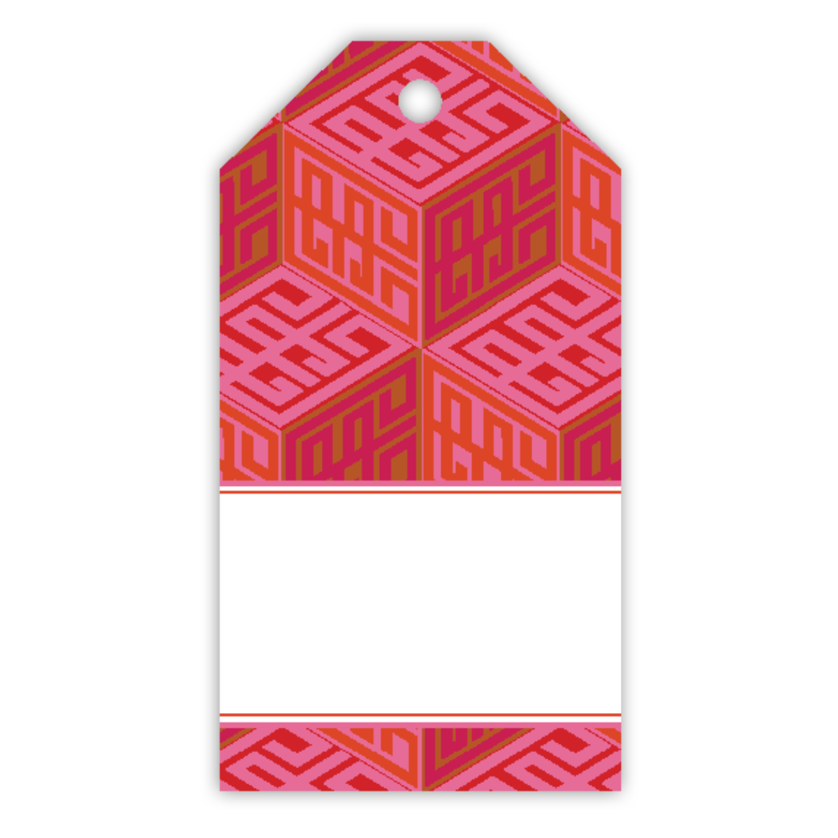 Introducing the "Gift Tags - Block Monogram," a vibrant set of Christmas gift tags showcasing geometric red and pink patterns. Each tag measures 2.5 x 4.8 inches, with a hole at the top for string attachment and a blank white space at the bottom for personalized messages. This convenient set includes 10 tags.