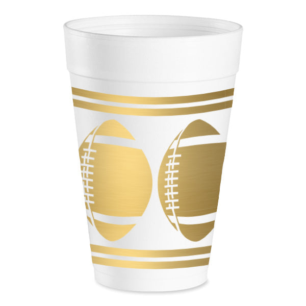 The Football Foam Cups feature a white design with gold football artwork and horizontal stripes, making them perfect for tailgate parties.