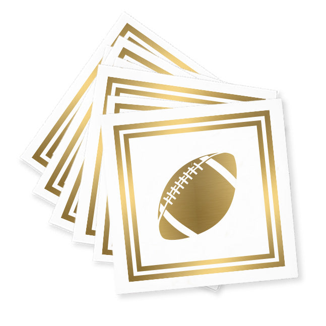 The Gold Football Cocktail Napkins set features four square coasters with a central gold illustration of an American football, making them ideal for tailgate parties. Each coaster is accented with a matching gold border, offering an elegant touch that perfectly complements your fine linen cocktail napkins.