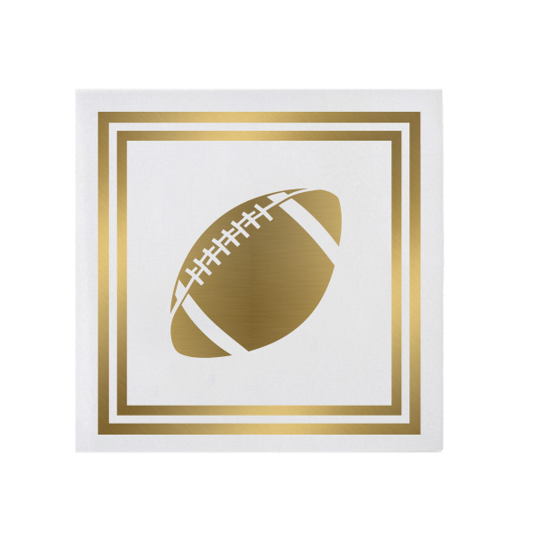 The Gold Football Cocktail Napkins feature a white background with a gold football design in the center and a decorative gold border, making them perfect for tailgate parties.