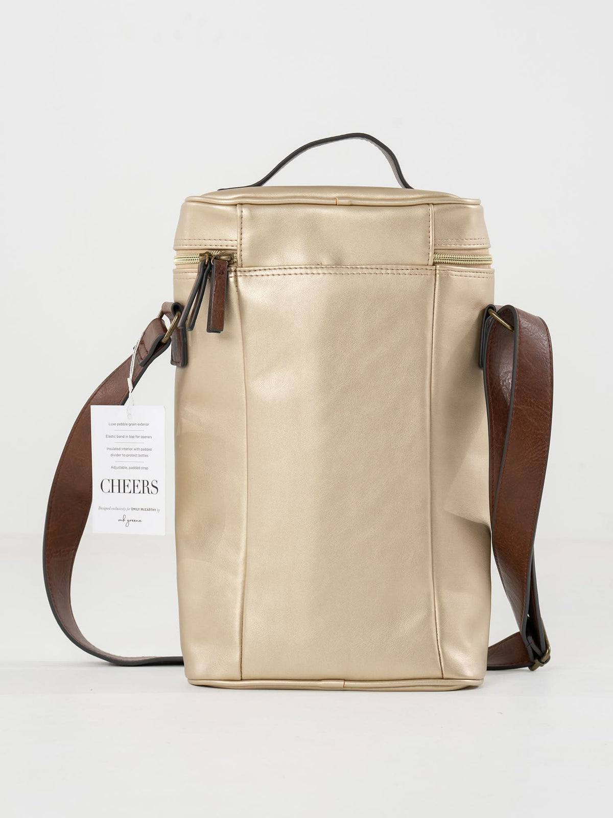 The Insulated 2-Bottle Wine Bag features gold insulation, a brown adjustable shoulder strap, and top handle. A white CHEERS tag hangs from the side zipper pull. The bag is shown against a plain white background.