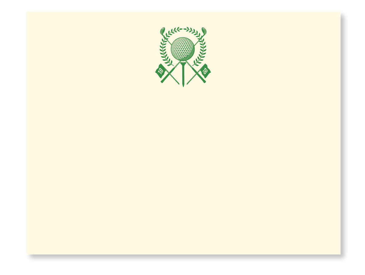 The 4.25" x 5.5" Flat Note Stationery - Golf Crest boasts a cream-colored background with a green logo at the top center, featuring a design of a golf ball surrounded by laurel leaves, crossed golf clubs, and two small flags, perfectly complementing matching envelopes.