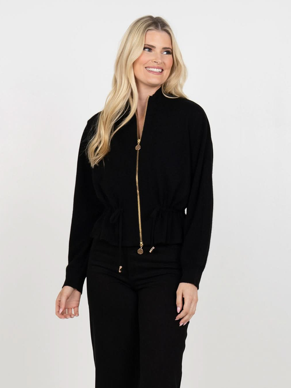 women wearing emily mccarthy black bailey bomber in midnight cashmere