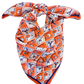 The Gameday Scarf - Orange & Navy Checkerboard showcases a white and blue geometric pattern, complete with horses, football helmets, and Broncos text. Ideal as a scarf or trendy hair accessory, it is neatly folded and tied at the top.