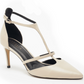 The Crawford Heel - Beige Lizard features a medium-height stiletto heel, a pointy toe, and two straps: one along the top and a T-strap leading to an ankle buckle. The insole is black for added contrast.