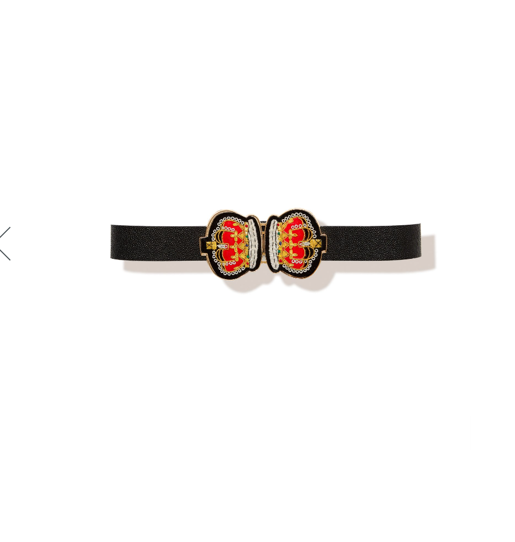 Introducing the Drama Queen Belt: an elegant black belt with an intricate buckle showcasing two interconnected red crowns embellished with gold and white details. This stunning accessory will elevate your style, bestowing a regal touch to any outfit against its simple white backdrop.