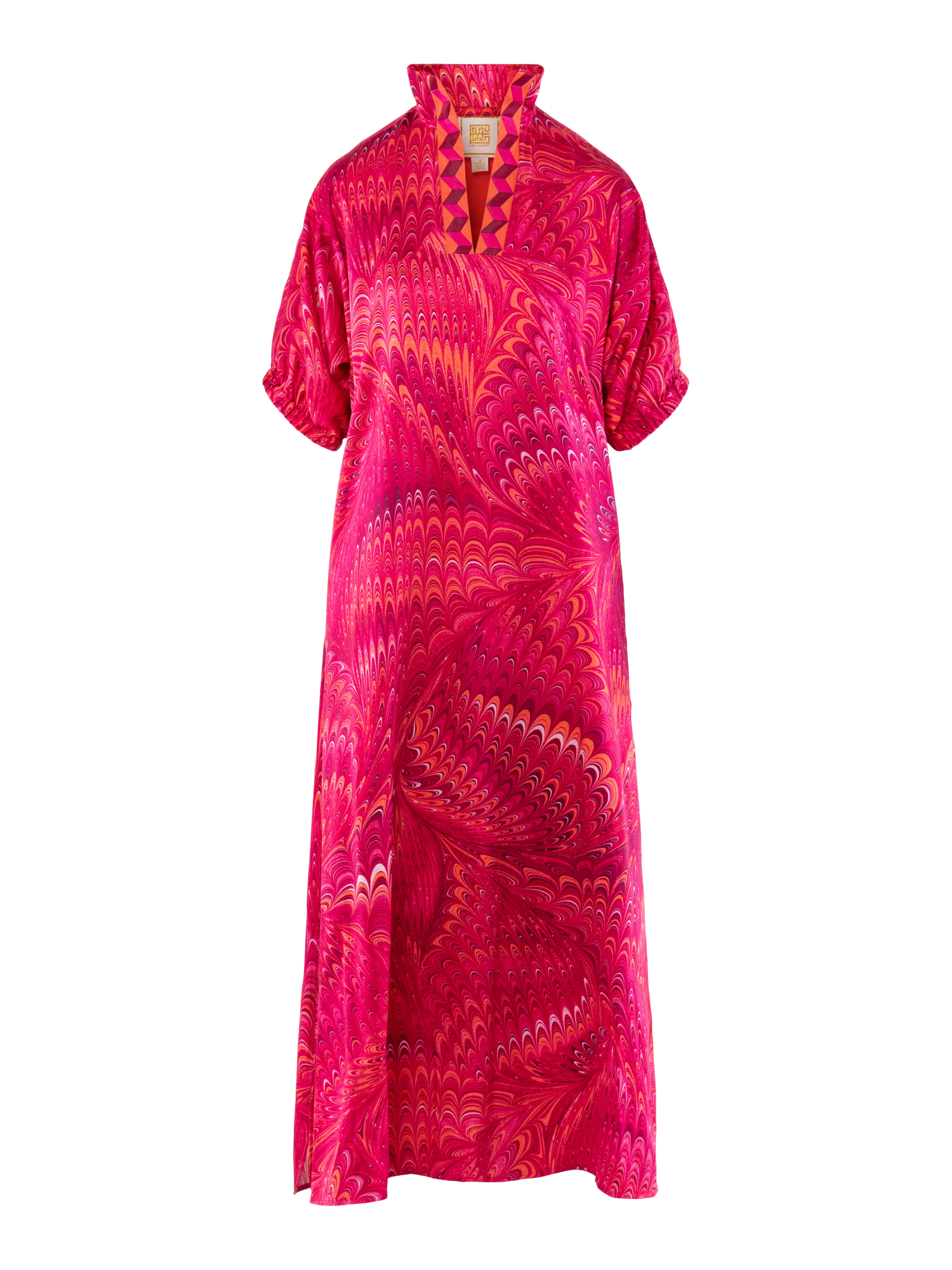 The Poppy Maxi is a loose, ankle-length dress with short puff sleeves and a high collar, featuring a vivid red and pink marbled swirl pattern accented with orange and yellow.