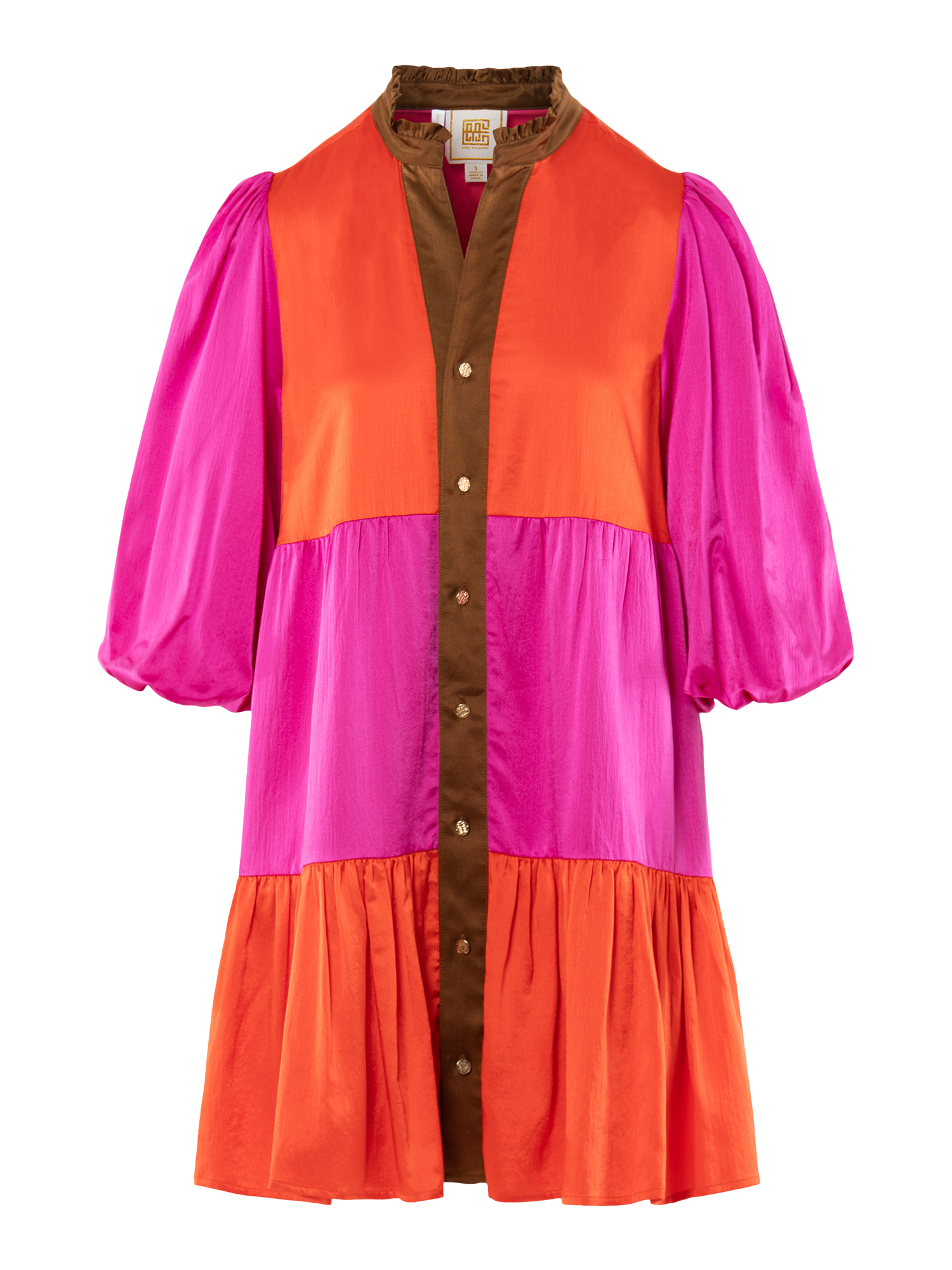 The Sadie Dress is a short, loose-fit color block dress featuring puffed half sleeves, a mandarin collar, bold orange and fuchsia panels, brown button-down trim, and a gathered skirt.