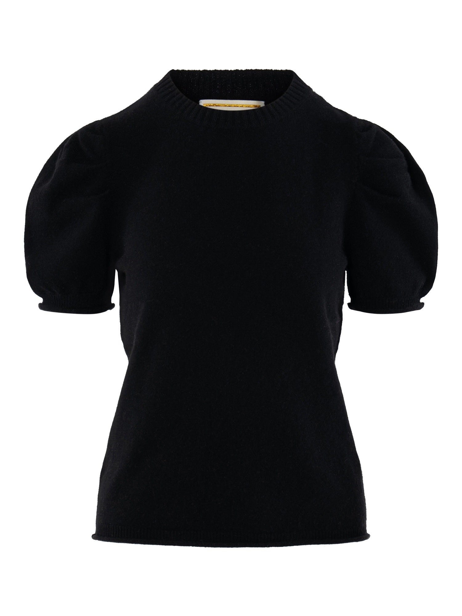 The Crewneck Tee is a luxury women's black short-sleeve knit top with a round neckline and chic puff sleeves, shown against a white background.