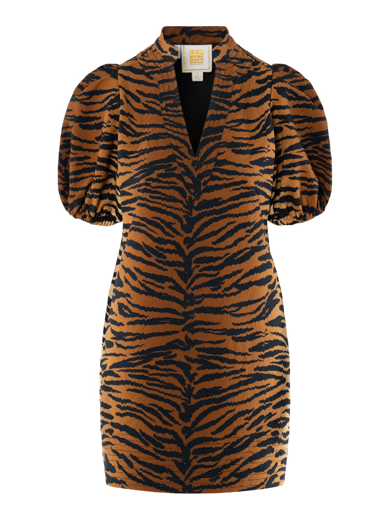 The Hampton Mini is a short dress with puff sleeves and a deep V-neck, featuring a bold brown and black tiger jacquard pattern.