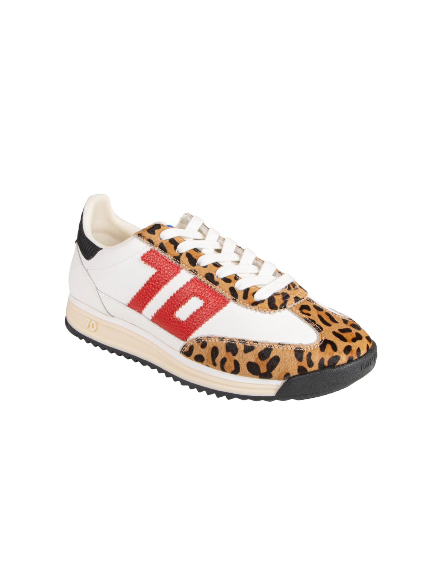 The Barkley Strike - White Pony Camel features white leather sides, a bold red 10 on the outer, tan and black leopard print accents, black sole, and white laces—perfect for elevating your streetwear look.