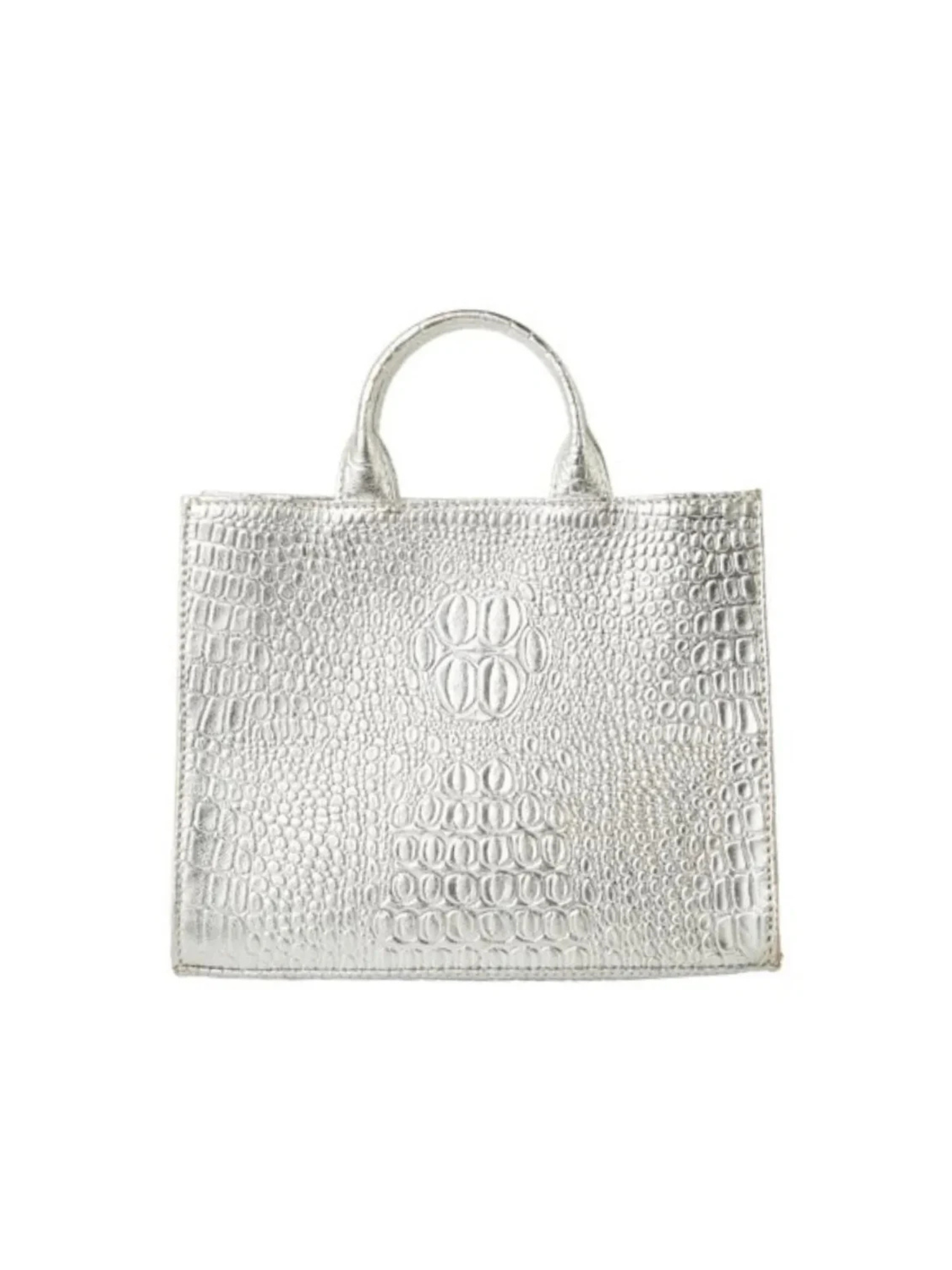 The Adelaide - Silver is a rectangular silver leather handbag with a crocodile-embossed texture and two short handles, shown against a white background.