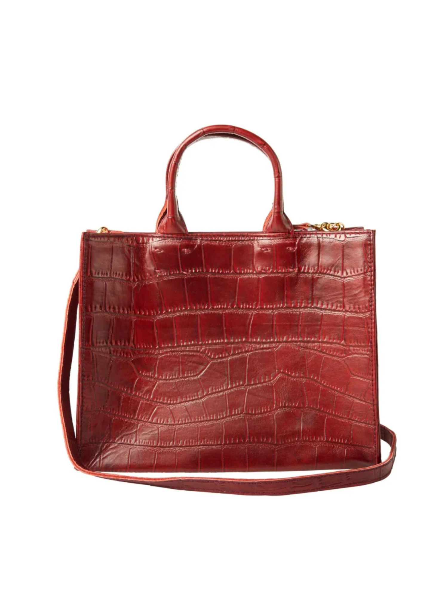Adelaide - Pomegranate: A structured, shiny dark red leather handbag with a crocodile pattern, featuring short handles and a long crossbody strap, showcased against a white background.