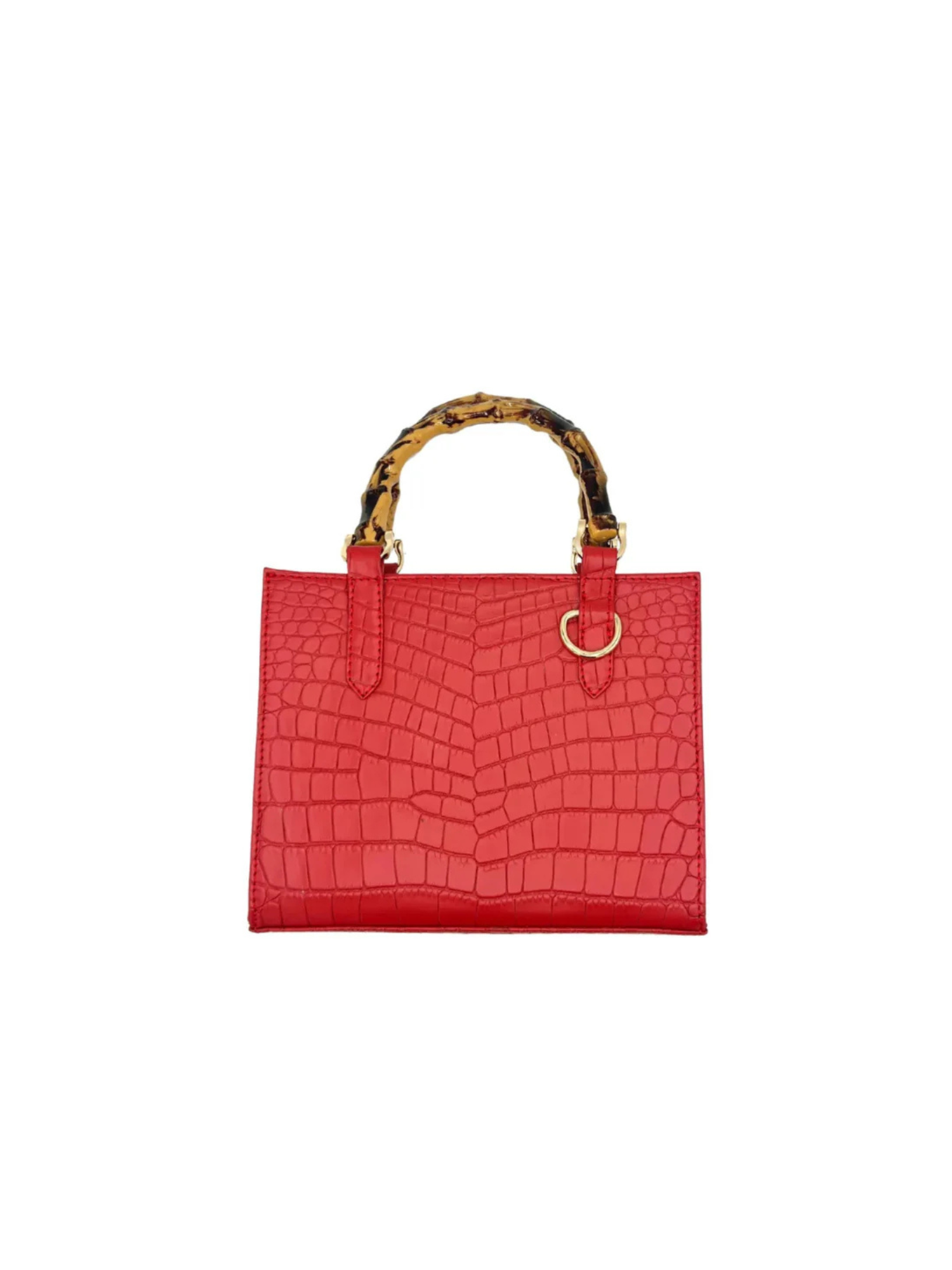 The Clara Mini - Red is a small red crossbody bag with a crocodile-texture pattern, two curved bamboo-style handles, premium goat skin, and a gold metal accent near one handle for an elegant touch.