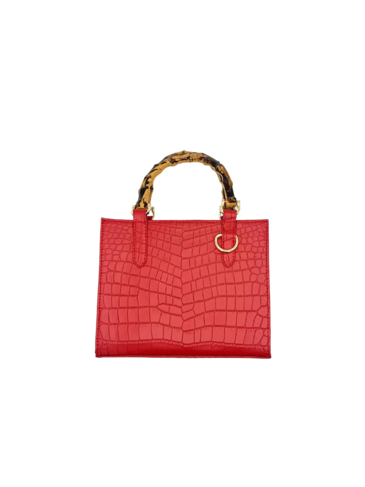 The Clara Mini - Red is a small red crossbody bag with a crocodile-texture pattern, two curved bamboo-style handles, premium goat skin, and a gold metal accent near one handle for an elegant touch.