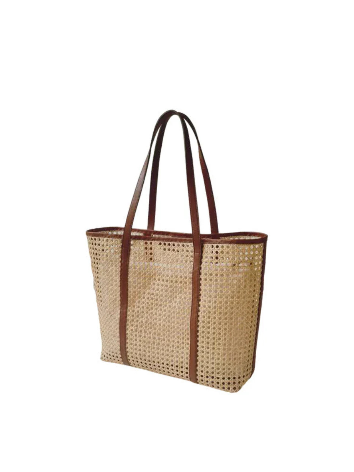 The Eleanor Maxi Wicker Tote features brown leather straps and trim on a woven beige body, displayed against a plain white background.