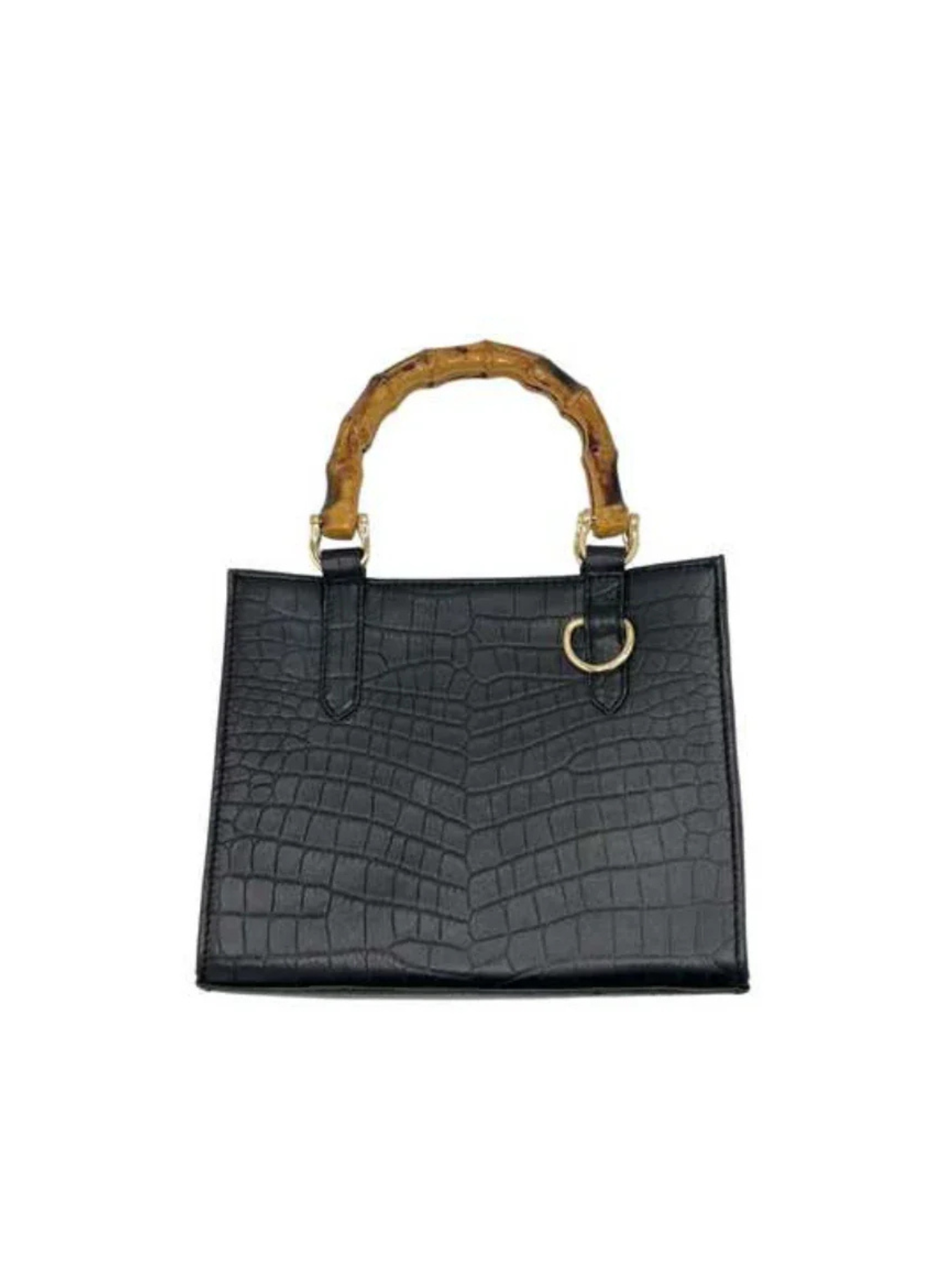 The Clara Maxi - Black is a faux-crocodile leather handbag with gold hardware, a curved bamboo handle, and a detachable crossbody strap, shown against a white background.