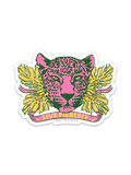 The Live Fiercely Sticker features a die-cut illustration of a pink and green leopard face framed by yellow tropical leaves, with a pink banner that reads “LIVE FIERCELY” and “EMILY MCCARTHY” below.