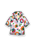 The Poppy Top Sticker is a vibrant, multicolored short-sleeve collared shirt with an abstract pattern and Emily McCarthy tags, finished with a custom 3-inch sticker for extra flair.