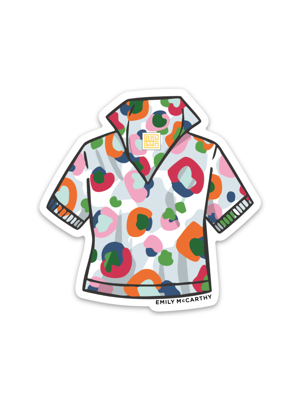 The Poppy Top Sticker is a vibrant, multicolored short-sleeve collared shirt with an abstract pattern and Emily McCarthy tags, finished with a custom 3-inch sticker for extra flair.