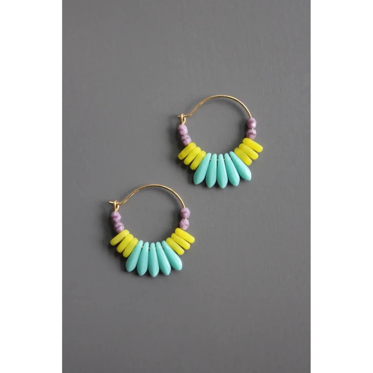 Turquoise, Lavender, & Neon Yellow Small Hoop Earrings