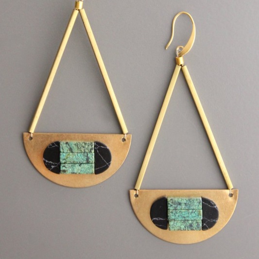 Geometric Green, Turquoise & Brass Earrings