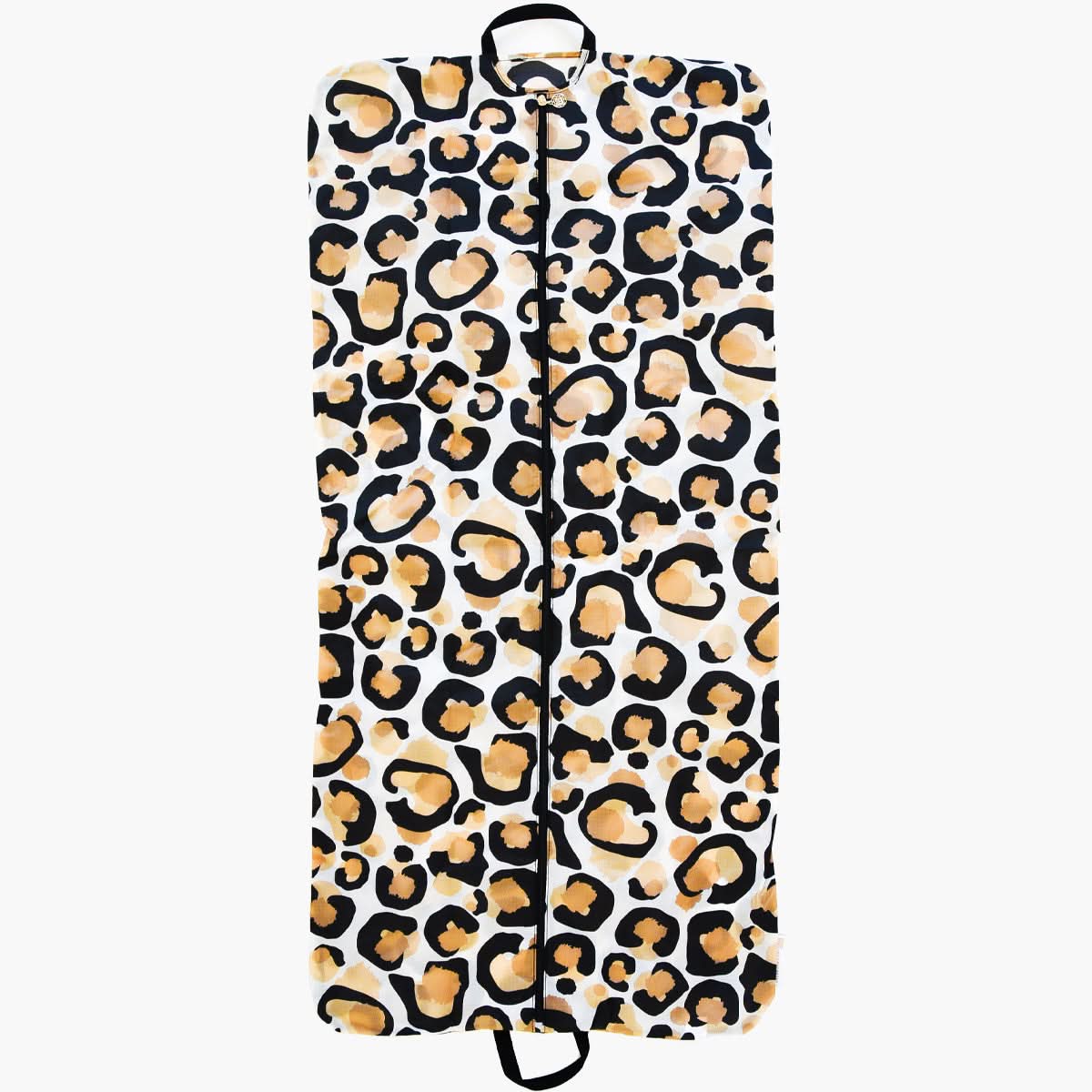 The Gulf Stream Garment Bag - Classic Spot Cheetah boasts a striking design featuring black spots outlined in gold and brown on a cream background. It is fully zipped and includes two handles for easy carrying, offering a perfect combination of style and functionality for your travels.