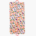 From the Emily McCarthy Collection, the Gulf Stream Garment Bag - Multi Spot Cheetah showcases a vibrant multicolored abstract design with circles and irregular shapes in shades of orange, pink, blue, and green. It includes a central zipper and a top handle for convenient carrying.