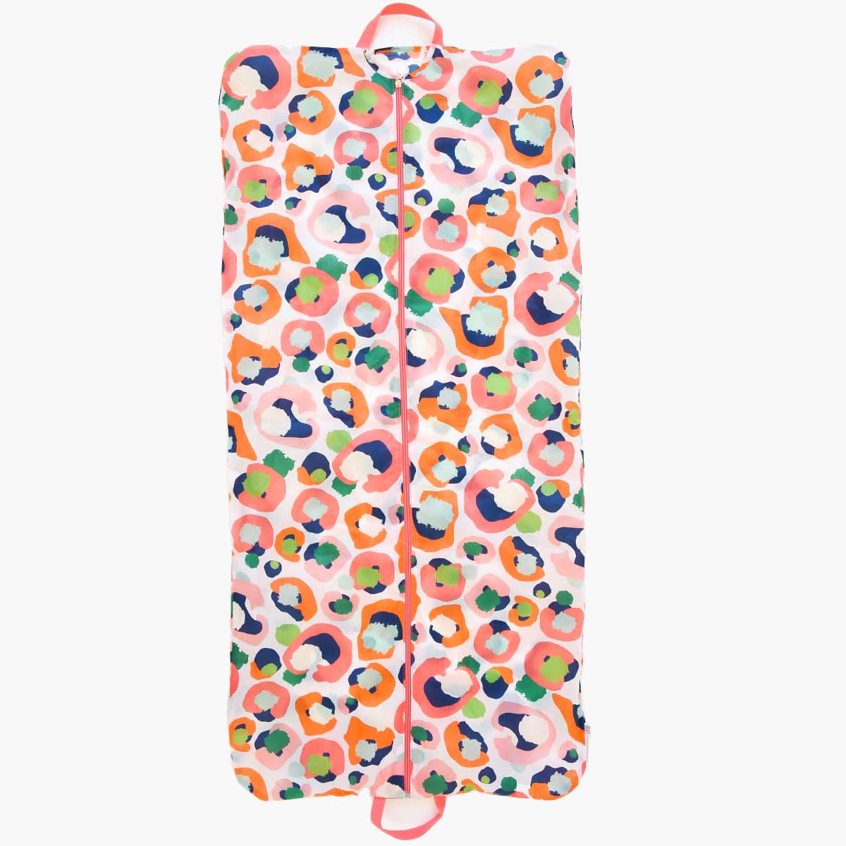 From the Emily McCarthy Collection, the Gulf Stream Garment Bag - Multi Spot Cheetah showcases a vibrant multicolored abstract design with circles and irregular shapes in shades of orange, pink, blue, and green. It includes a central zipper and a top handle for convenient carrying.
