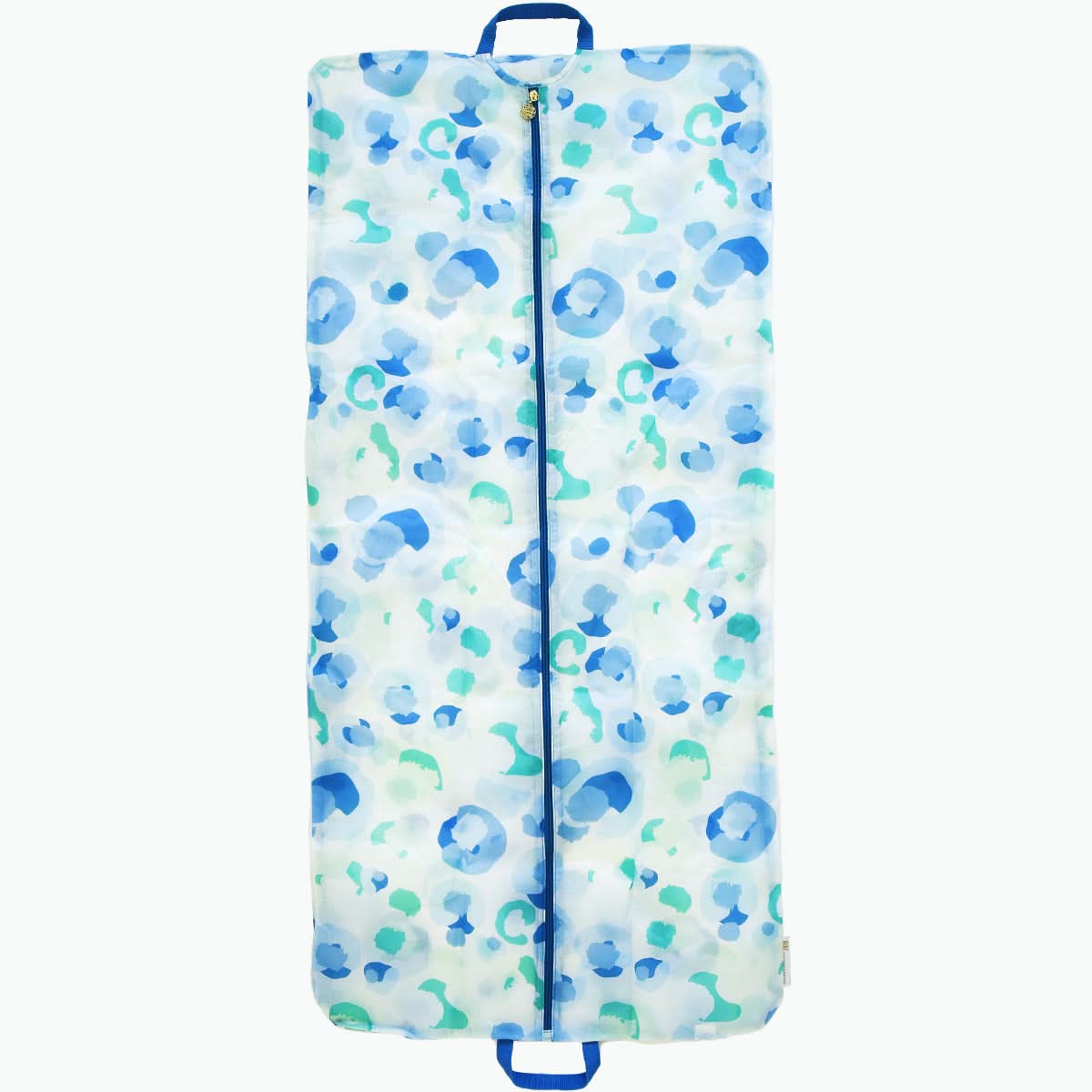 Part of the Emily McCarthy Collection, this rectangular travel garment bag is known as the Gulf Stream Garment Bag in Seaglass Spot Cheetah. It boasts a cheetah pattern with blue and green accents, featuring a zipper down the center and a handle at the top for easy transport.
