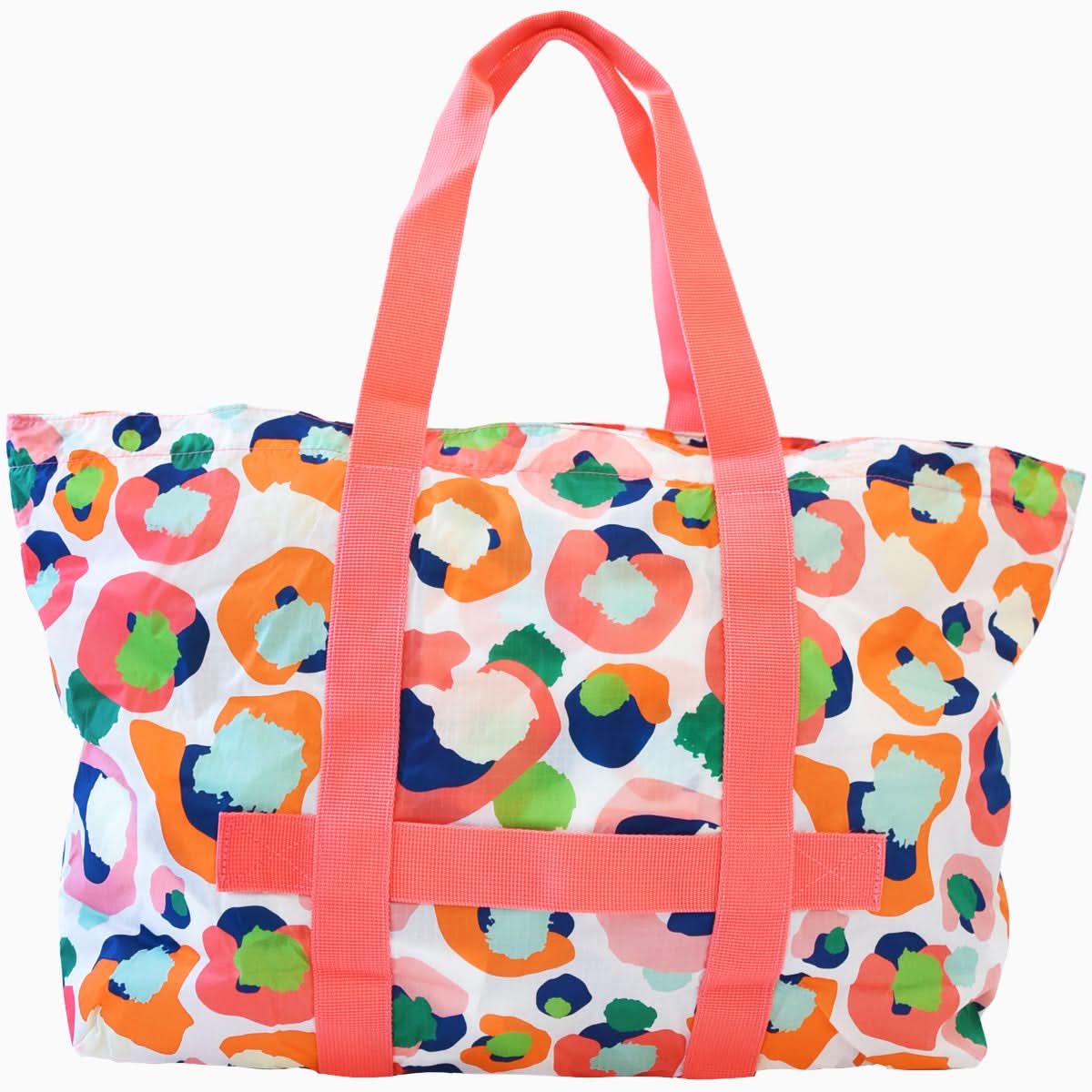 Part of the Emily McCarthy Collection, the Travel Tote - Multi Spot Cheetah features a striking blend of abstract circular patterns in vibrant shades of orange, blue, green, and pink. Its bright pink handles and matching shoulder strap stand out beautifully against the white background.