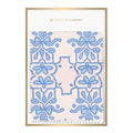 Introducing "Fabric by the Yard - Bow Royalty": This elegant fabric design features a hand-drawn, symmetrical blue floral pattern set against a light background. A luxurious gold border accents the fabric, with "Emily McCarthy" gracefully showcased at the top.