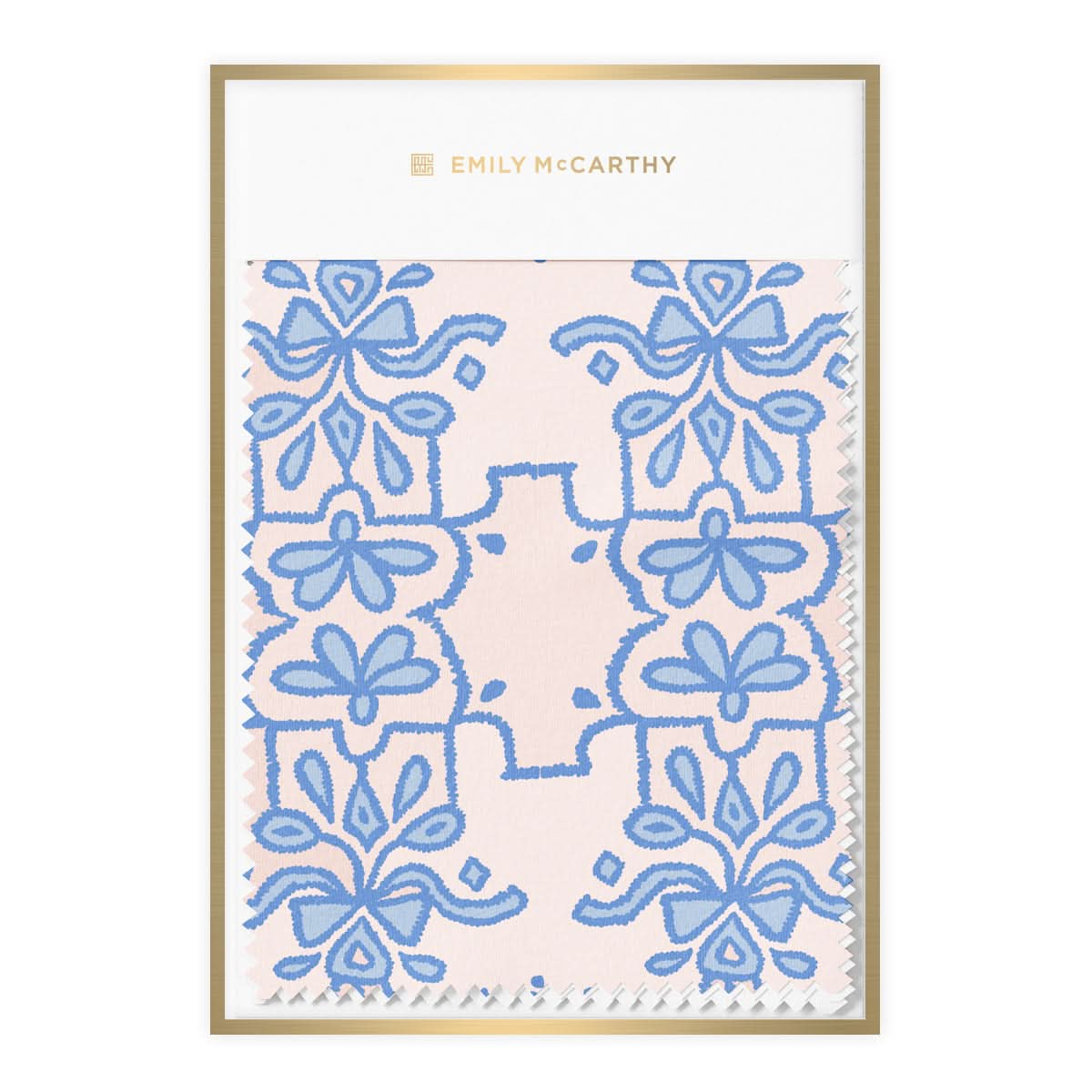 Introducing "Fabric by the Yard - Bow Royalty": This elegant fabric design features a hand-drawn, symmetrical blue floral pattern set against a light background. A luxurious gold border accents the fabric, with "Emily McCarthy" gracefully showcased at the top.